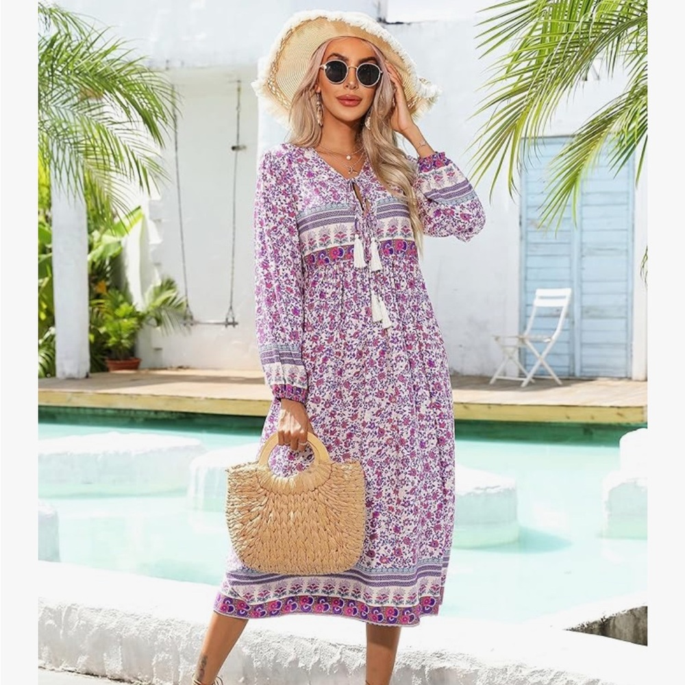 Floral Purple Boho Dress with Tassels